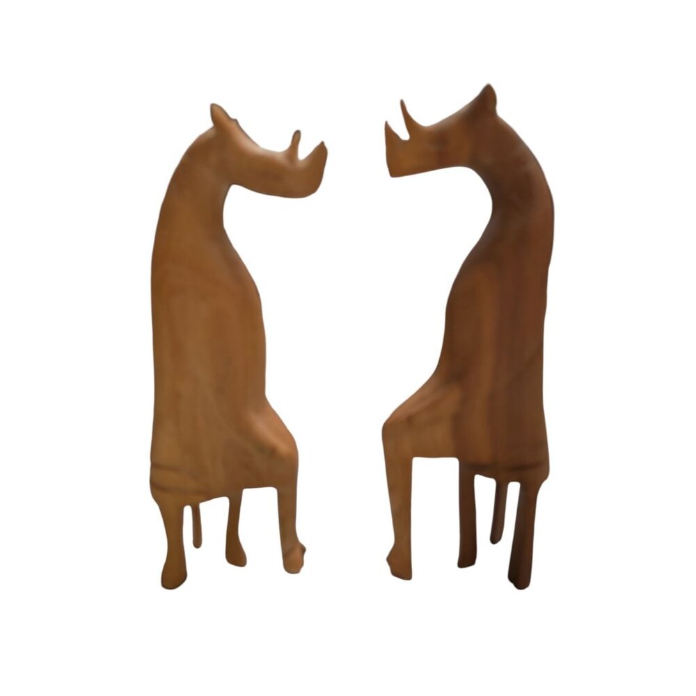 Hand Carved Wood Rhinoceros‎ Teak Animal Figurine Seated 10 in Rhino rustic 2